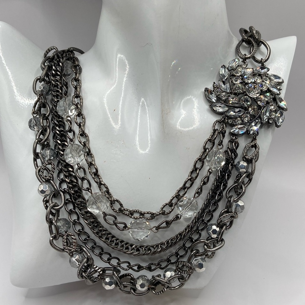 Crystal Gunmetal Beaded 5 Strand Cascade Necklace 22”L With 3”L Extender